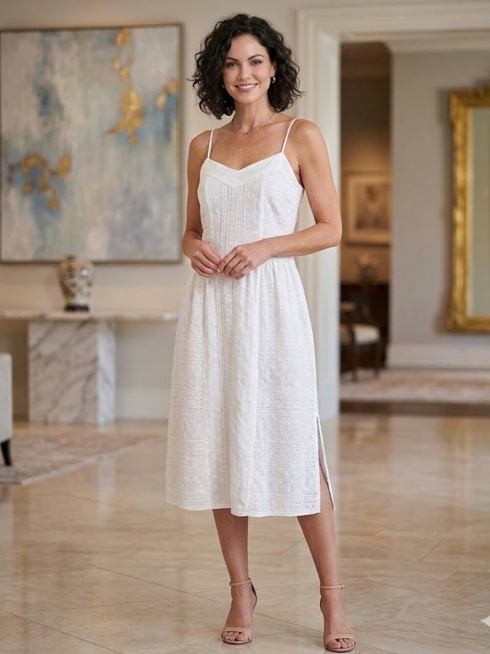Madewell White Eyelet Spaghetti Strap Side Slit Dress
